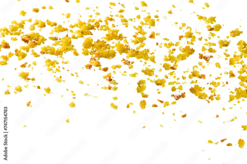 Fresh bread crumbs or Scattered cookies isolated on white background. Top view. Flat lay Fresh bread crumbs or Scattered cookies isolated on white background. Top view. Flat lay