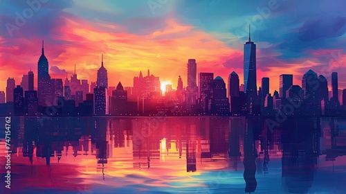 Dramatic silhouette of a city skyline against the backdrop of a colorful sunrise or sunset sky reflected by a river