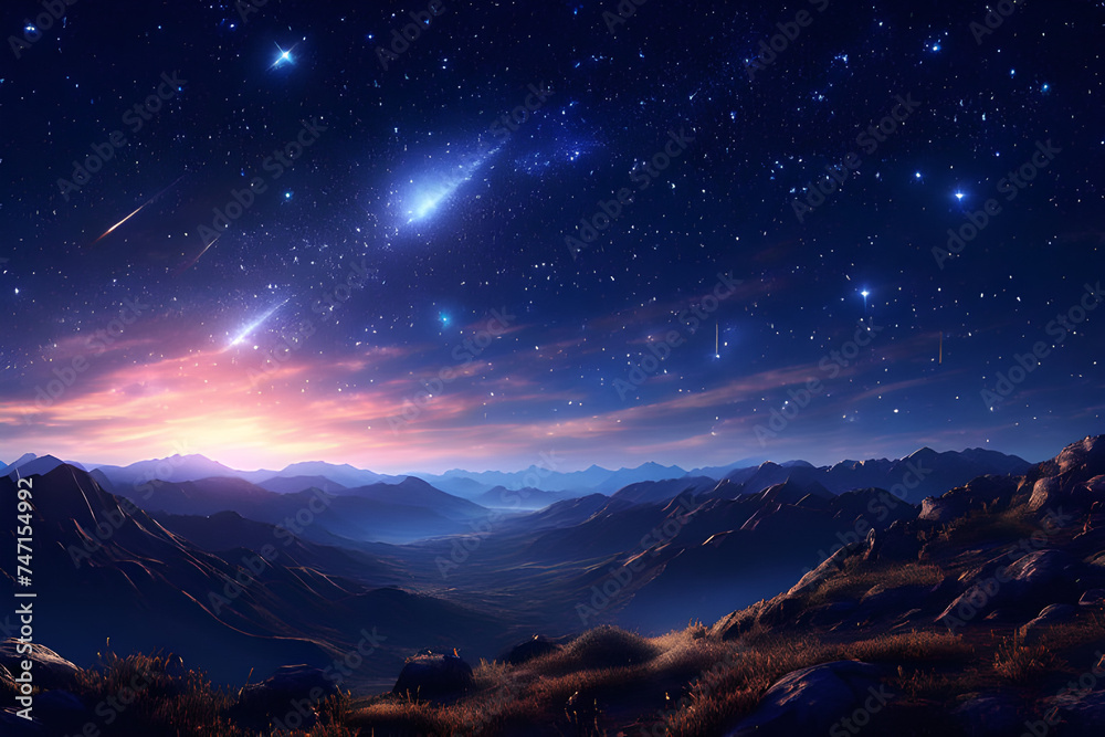Stars and meteors shining in the night sky of a lightless mountain