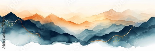 Soft pastel color watercolor abstract brush painting art of beautiful mountains, mountain peak minimalism landscape with golden lines, panorama banner, Generative AI photo