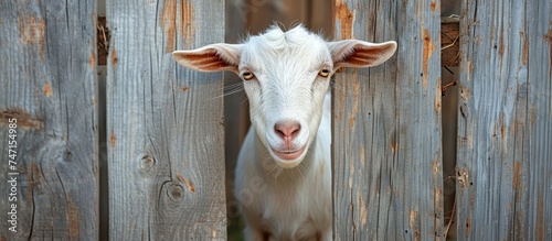 Curious white goat peeking through rustic wooden fence, animal farm concept