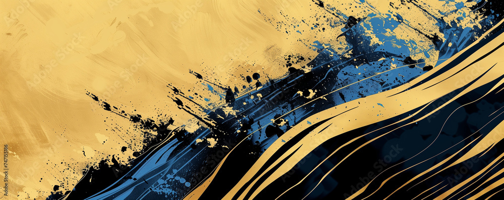 Blue, black and gold abstract background texture in the shape of an ocean wave. Dark blue marble with luxurious natural marble swirls and gold powder. Abstract poster in blue, gold, beige colors Blue, black and gold abstract background texture in the shape of an ocean wave. Dark blue marble with luxurious natural marble swirls and gold powder. Abstract poster in blue, gold, beige colors