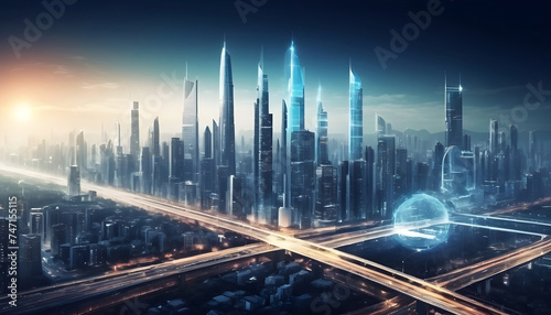 Modern city with sky scraper buildings and highways from above 3D imaginative rendering in night 