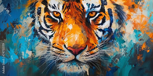Animal head, portrait art. Colorful abstract oil acrylic painting of colorful tiger, pallet knife on canvas. Generative AI