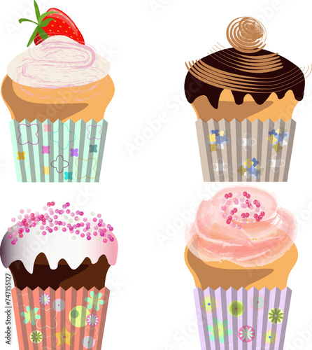 four cupcakes with different fillings