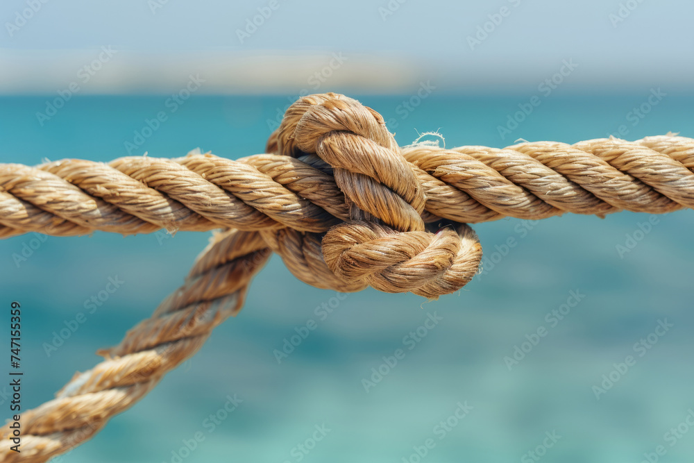 A tightly bound nautical rope knot shown in close-up with an ocean background.
