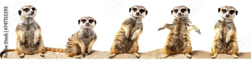 Animals africa zoo meerkats banner panorama long. Collection of funny cute crazy laughing lying, jumping, standing, sitting meercat (suricata suricatta), isolated on white background, Generative AI