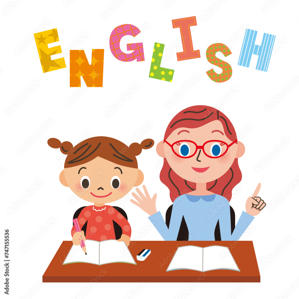 英語の勉強を教える先生と子供 英語の勉強を教える先生と子供