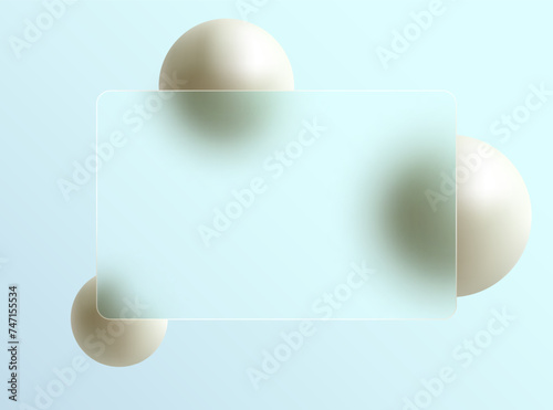 Flying beige sphere made of natural pearls, blur on a light background with a rectangular frame. Abstract background with glass in glass morphism style.