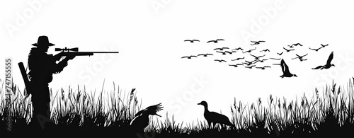Wildlife Duck animals hunting hunt landscape panorama illustration. Black silhouette of hunter with rifle gun and dog in reed bog shoots at flying mallard ducks, isolated on white, Generative AI photo
