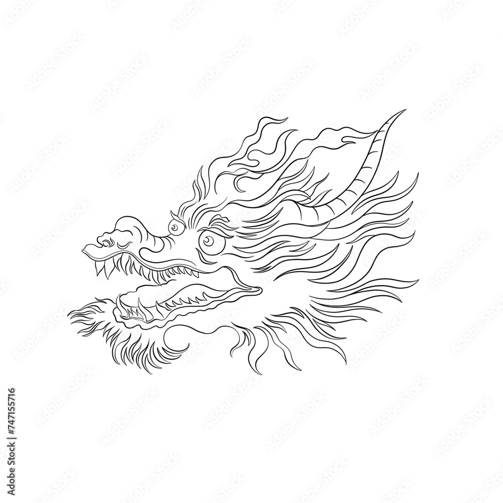 Oriental Chinese vector dragon head. Traditional symbol of the Chinese zodiac. The serpent dragon is made in a linear hand-drawn style. Oriental Chinese vector dragon head. Traditional symbol of the Chinese zodiac. The serpent dragon is made in a linear hand-drawn style.