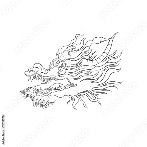 Oriental Chinese vector dragon head. Traditional symbol of the Chinese zodiac. The serpent dragon is made in a linear hand-drawn style.