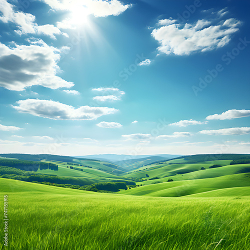 clean green landscape with grass and blue sky on a sunny day. photorealistic with copy space © Morocko