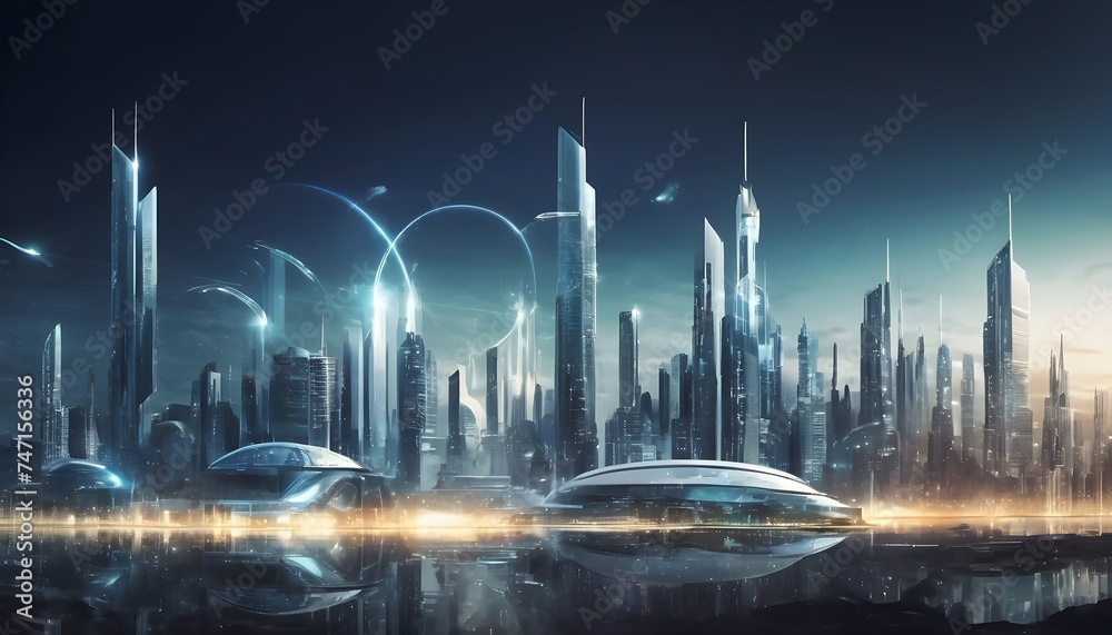 Fototapeta premium Modern city with sky scraper buildings and highways from above 3D imaginative rendering in night 