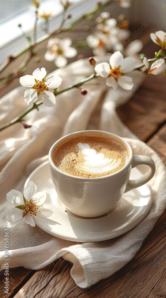 A cup of coffee with milk and spring flowers on textile fabric in pastel colors. A cup of coffee with milk and spring flowers on textile fabric in pastel colors.