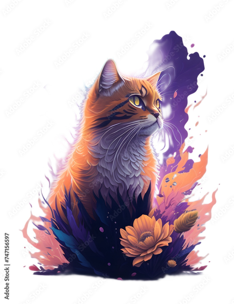 Watercolor cute floral cat
