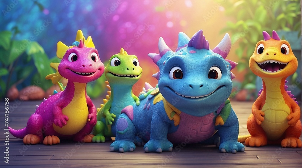 Fototapeta premium Cartoon characters, dragons or dinosaurs, friends together for children, friendship and play time, happy joy, as a wide banner or poster for kindergarten, kindergarten and children's bedroom