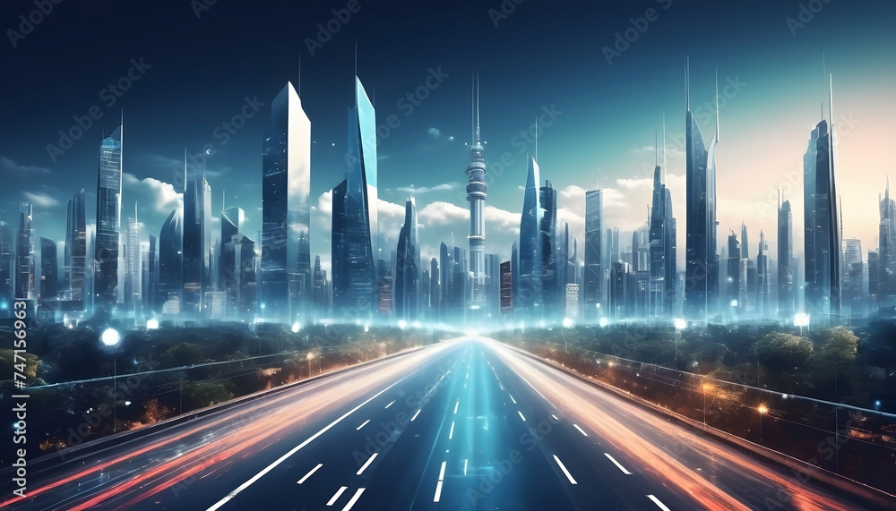 Modern city with sky scraper buildings and highways from above 3D imaginative rendering in night   