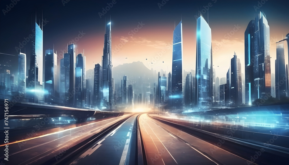 Modern city with sky scraper buildings and highways from above 3D imaginative rendering in night    - obrazy, fototapety, plakaty 