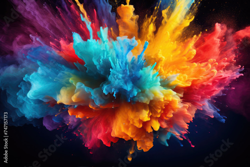 Color splash Holi powder on black wooden background. Colorful cloud or explosion for traditional indian festival.