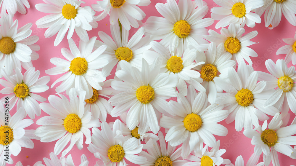 Bunch of camomile flowers over pink background.