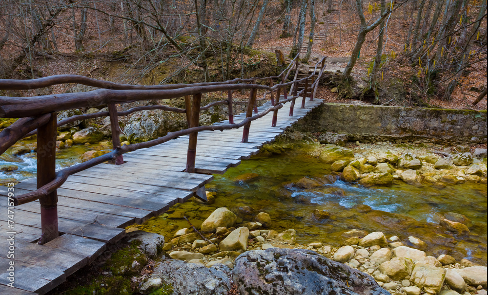 Fototapeta premium small wooden bridge across mountain river