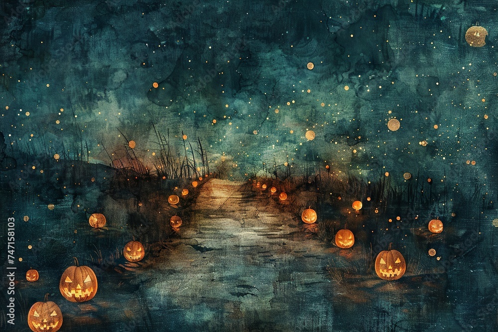 Fototapeta premium Halloween Pathway: Jack-o'-Lanterns Under Starry Sky Collage