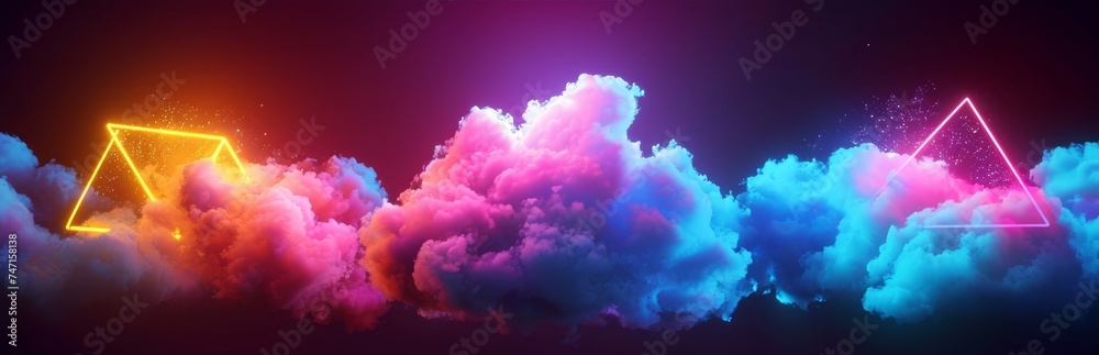 3d render. Set of neon geometric shapes and colorful clouds. Abstract background. Fantasy design elements, Generative AI