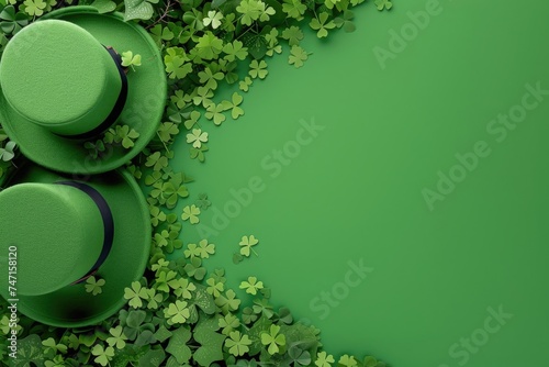 Top view of green hats, shamrock and clover leaves on green color background flat lay