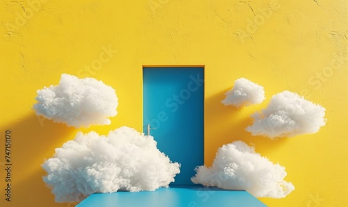 3d rendering, abstract minimalist geometric background. White clouds fly outside the blue doorway on the yellow wall. Modern fantasy wallpaper, Generative AI