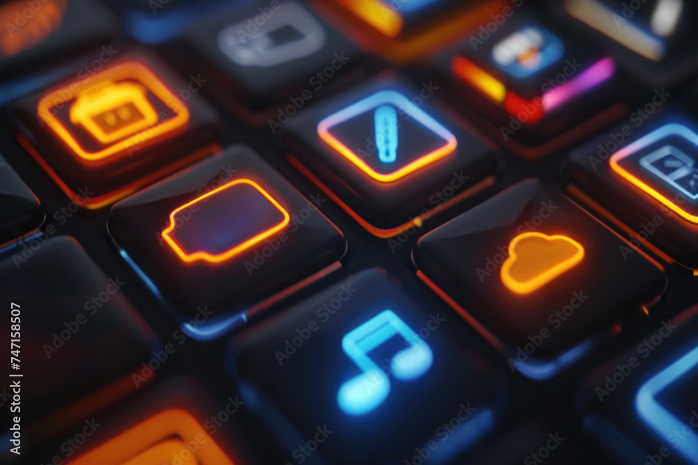 Close up of computer keyboard with glowing keys Close up of computer keyboard with glowing keys