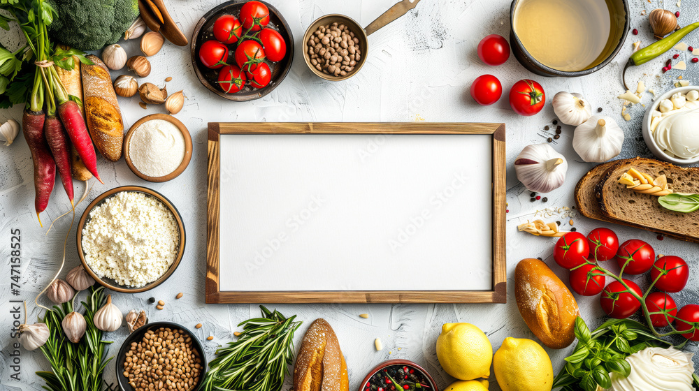 Gluten free foods background with white board in the middle - obrazy, fototapety, plakaty 