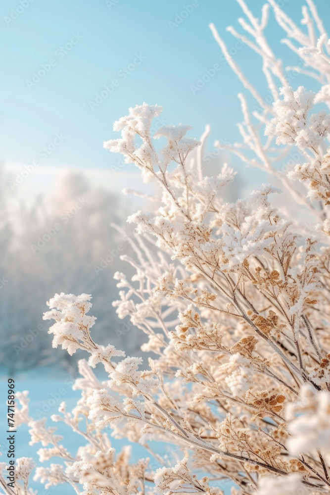 Snow covered plants in field, suitable for winter themes Snow covered plants in field, suitable for winter themes