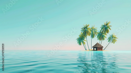 Small tropical island with palms and hut surrounded sea blue water. Scenery of tiny island in ocean. Concept of vacation, travel, nature, summer. Generative Ai © Handz