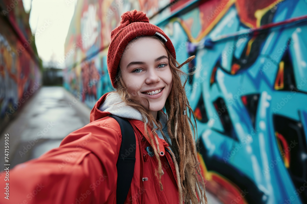 Woman taking selfie in front of graffiti wall, suitable for social media use