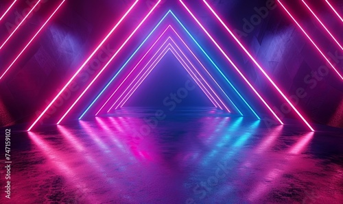3d render, abstract neon background with colorful glowing lines, triangular geometric shape, empty stage, Generative AI