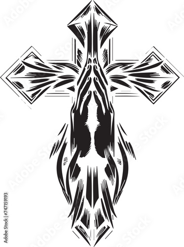 black and white tattoo design of  Christ cross and hand