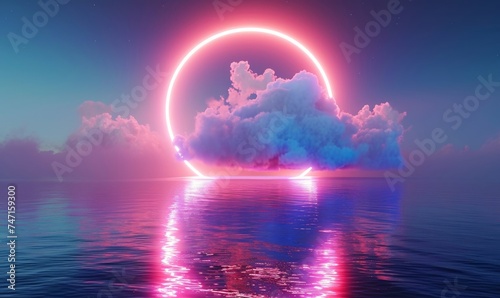 3d render, fantasy background with glowing neon ring and white cloud above the calm water. Abstract seascape, Generative AI