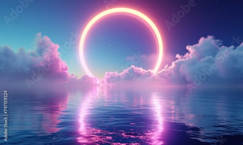 3d render, fantasy background with glowing neon ring and white cloud above the calm water. Abstract seascape, Generative AI