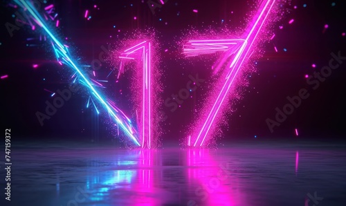 3d animation, fantastic neon numbers from 1 to 10 isolated on black background. Cosmic pink blue star tracks, meteor shower countdown from one to ten, Generative AI photo