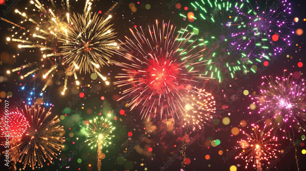 Fototapeta premium Vibrant fireworks lighting up night sky, perfect for celebrations and events