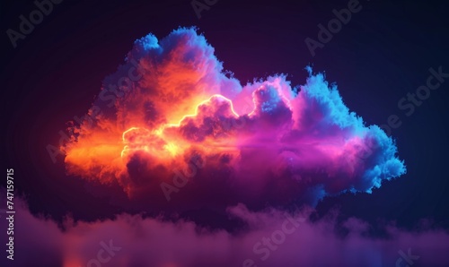 3d render, abstract cloud illuminated with neon light on dark night sky. Glowing geometric lines, Generative AI