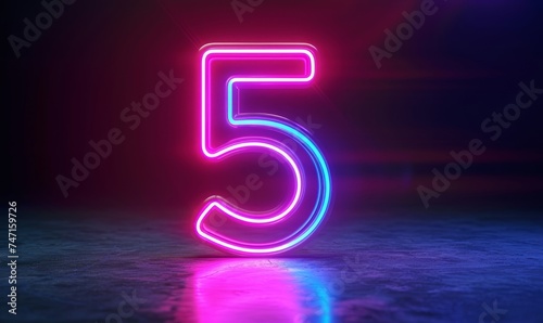 3d render, neon number five glowing in the dark with ultraviolet light, pink blue gradient laser ray, Generative AI photo