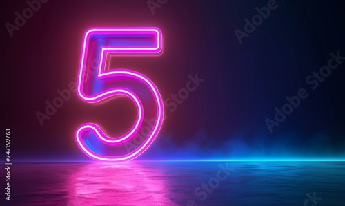 3d render, neon number five glowing in the dark with ultraviolet light, pink blue gradient laser ray, Generative AI