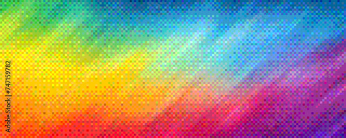 Pixelated rainbow diagonal gradient background with dither effect. Colorful mosaic pixel art texture. Vintage retro video game background. Vector illustration in 8-bit style
