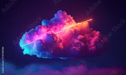 3d render, abstract cloud illuminated with neon light on dark night sky. Glowing geometric lines, Generative AI