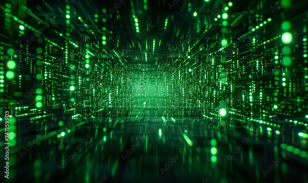3d render, abstract cyber background with green neon fluorescent lines glowing. Virtual reality matrix, digital high tech wallpaper, Generative AI