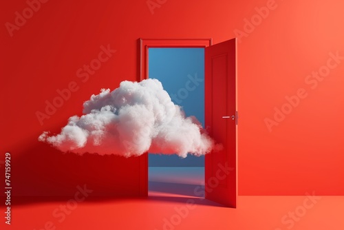3d render, white clouds going through, flying out the open door, objects isolated on bright red background. Abstract metaphor, modern minimal concept, Generative AI