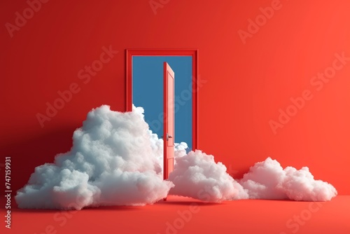 3d render, white clouds going through, flying out the open door, objects isolated on bright red background. Abstract metaphor, modern minimal concept, Generative AI