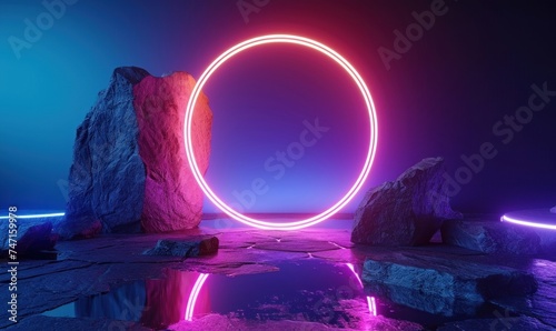 3d render, abstract minimalist neon background with cobble stone rocks, glowing ring and mirror reflection. Showcase scene for product presentation. Futuristic aesthetic, Generative AI